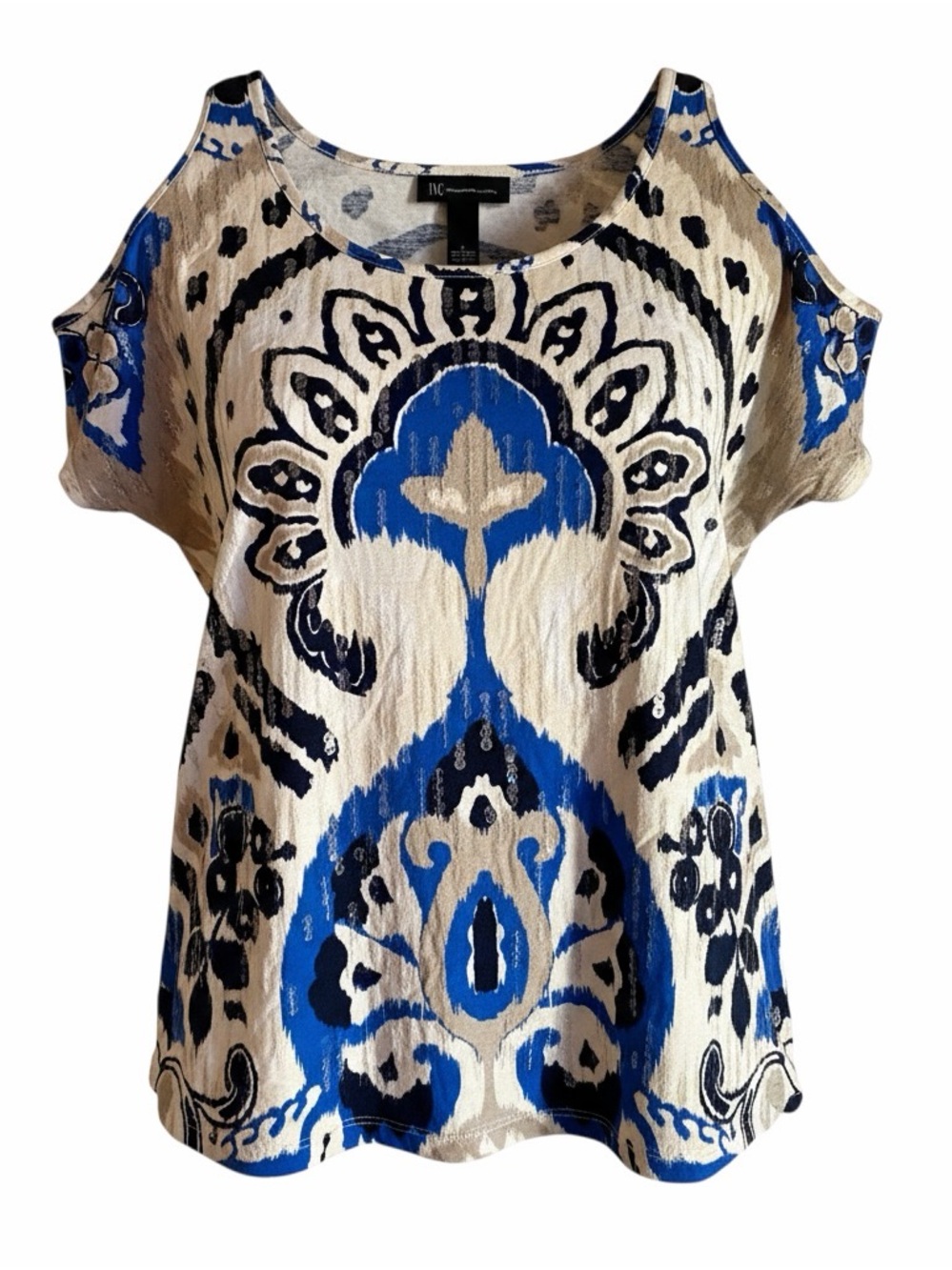 INC International Concepts Sequin Ikat Cold Shoulder Top - Size L